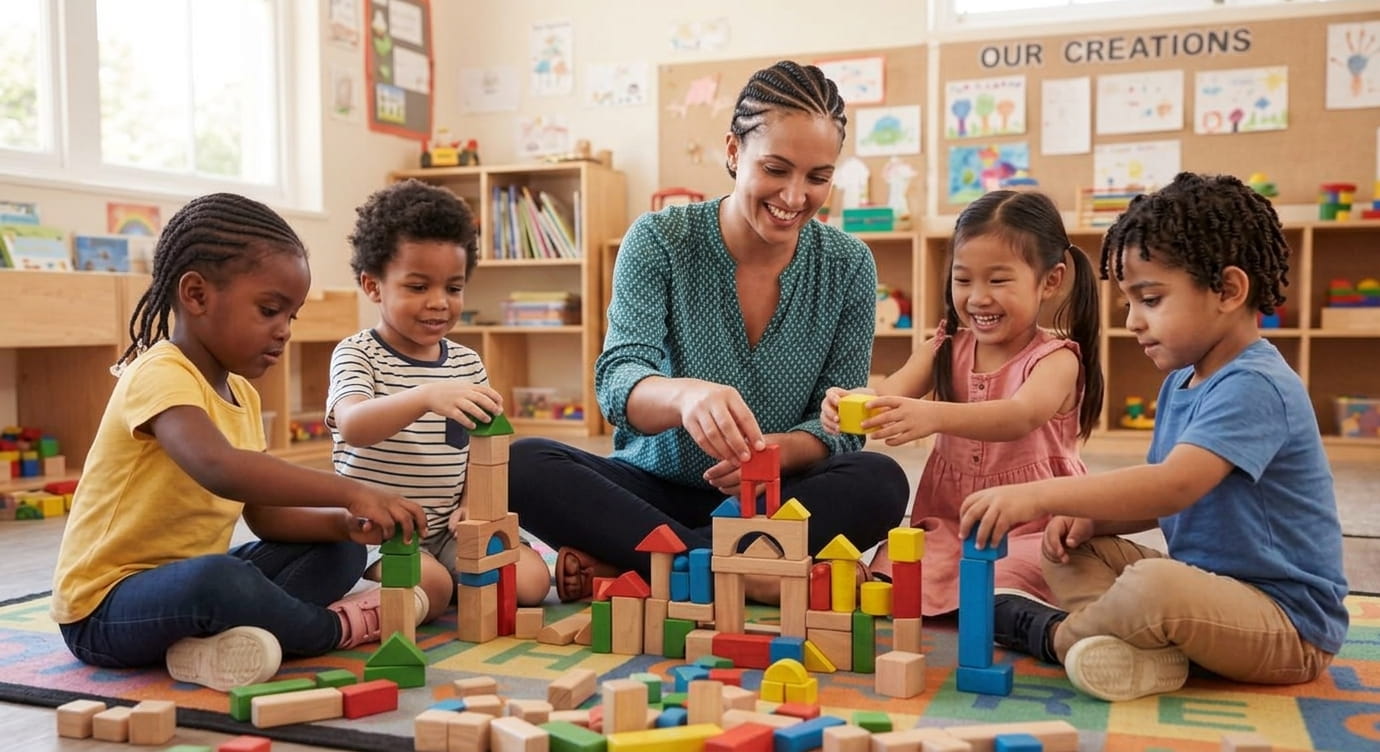 Teacher playing blocks with children